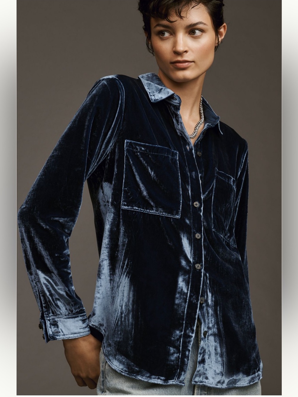 Anthropologie Velvet Button-Down Shirt in Navy Blue